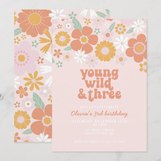 Retro Young Wild Drie Bloemig 3de verjaardag Kaart (Voorkant / Achterkant)