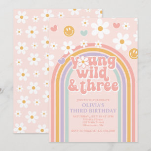 Retro Young Wild en Three Rainbow 3e verjaardag Kaart