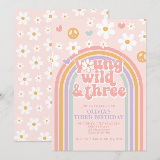 Retro Young Wild en Three Rainbow 3e verjaardag Kaart (Voorkant / Achterkant)