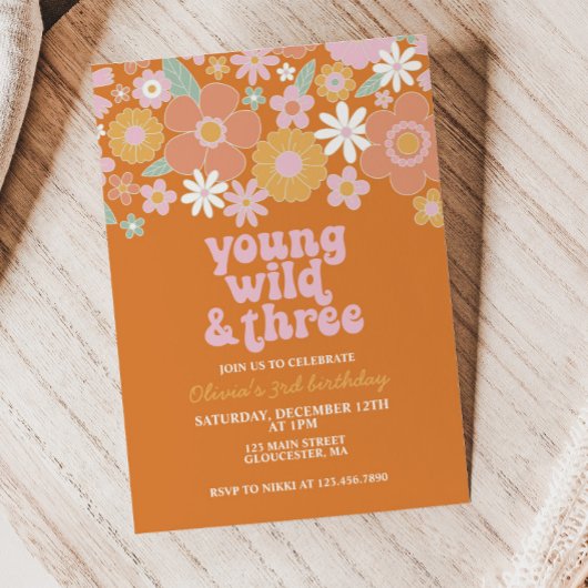 Retro Young Wild Three Bloemige eerste verjaardags Kaart