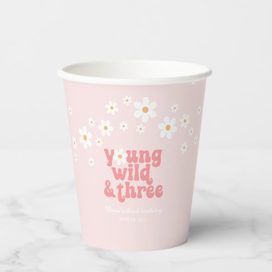 Retro Young Wild Three daisy Boho 3e verjaardag Papieren Bekers (Voorkant)