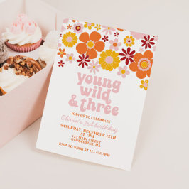 Retro Young Wild Three Floral 3rd Birthday Kaart