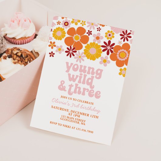 Retro Young Wild Three Floral 3rd Birthday Kaart