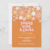 Retro Young Wild Three Floral eerste verjaardag Ui Kaart (Voorkant)
