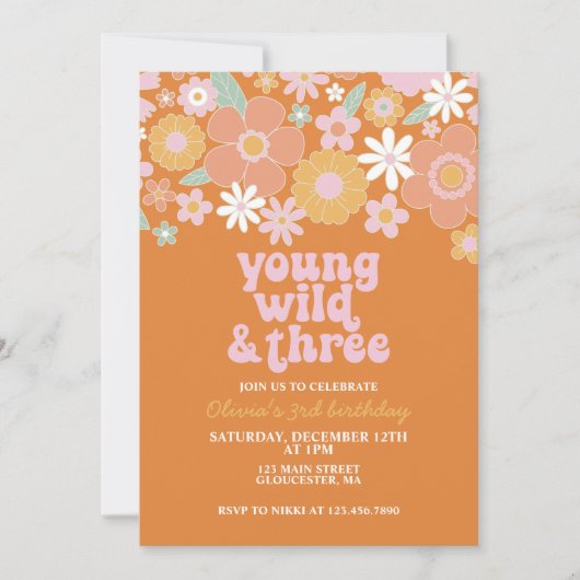 Retro Young Wild Three Floral eerste verjaardag Ui Kaart (Voorkant)