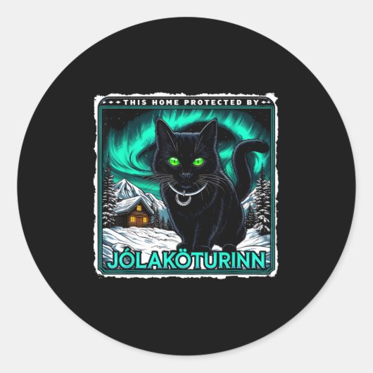 Retro Yule Cat Icelandic This Home Protected Jólak Ronde Sticker (Voorkant)