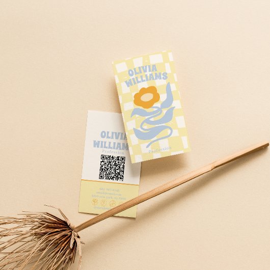 Retro zachte QR-code Boho groovy geruite bloem Visitekaartje
