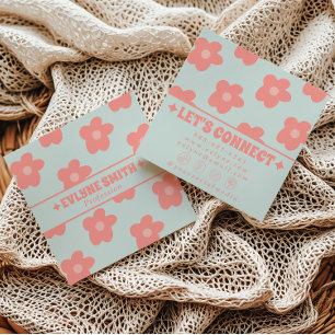 Retro Zachte Roze Blauwe Boho Groovy Bloemige Meis Vierkante Visitekaartje