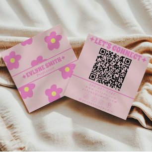 Retro Zachte Roze QR Code Groovy Bloemige Meisjesa Vierkante Visitekaartje