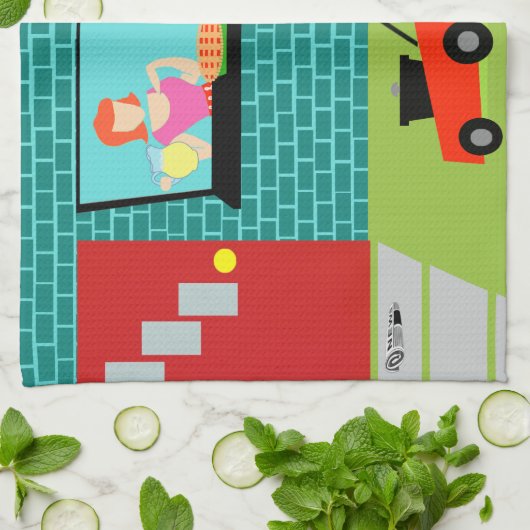 Retro zaterdagochtend keukenhanddoek (Gevouwen)