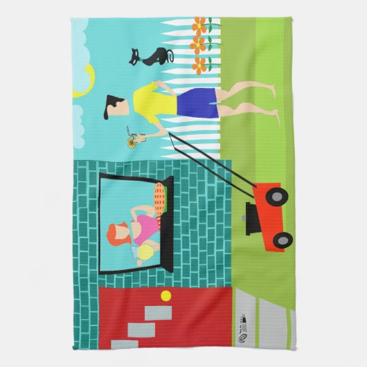 Retro zaterdagochtend keukenhanddoek (Verticaal)