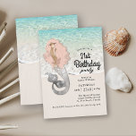 Retro Zeemeermin Strand Thema 21e Verjaardag Kaart<br><div class="desc">21 worden is belangrijk! Plan een gedenkwaardig verjaardagsfeest met een retro cool zeemeermin nautisch thema met behulp van deze uitnodiging met een zeemeermin met lang vloeiend roze haar en turquoise blauw surf en zandstrand. Het is een geweldige keuze voor verjaardagsvieringen in kustgebieden of met een retro strandvibe. Het maakt ook...</div>