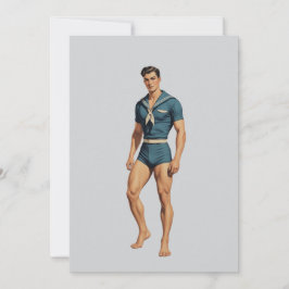 Retro zeiler in marineblauwe zwemkleding notitiekaartje