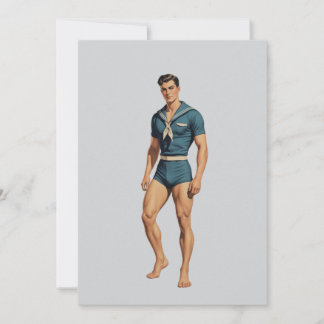 Retro zeiler in marineblauwe zwemkleding notitiekaartje