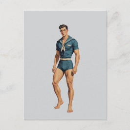 Retro Zeiler in Marineblauwe Zwemuitrusting Briefkaart