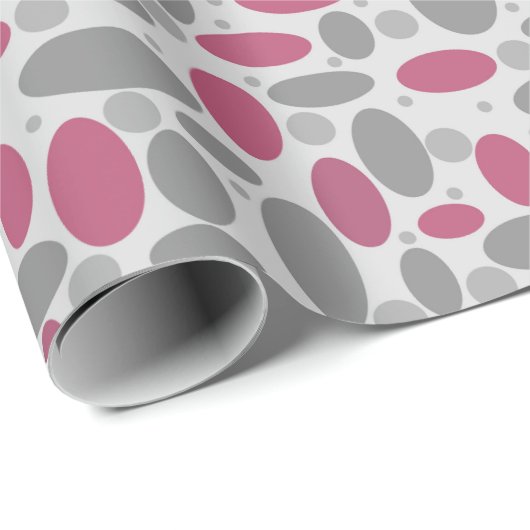 retro, zestig, polka dots, grijs en roze cadeaupapier (Rol Hoek)