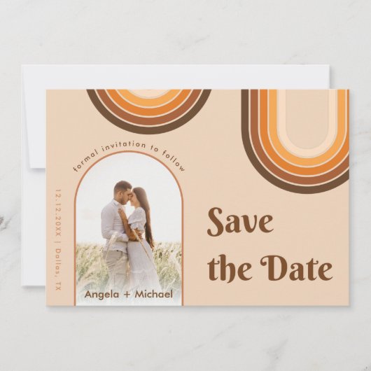 Retro Zeventiger Regenboog Boho Boog Foto Beige 70 Save The Date (Voorkant)