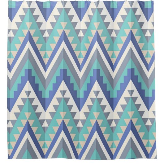 Retro Zigzag Chevron Blauwgroen Blauw Grijze Taupe Douchegordijn (Voorkant)