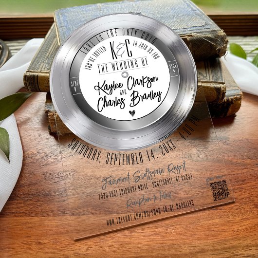 Retro Zilver Vinyl Record Muziek Thema Wedding Arc Acryl Uitnodigingen