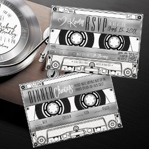 Retro Zilveren Cassettebandje Huwelijksuitnodiging RSVP Kaartje