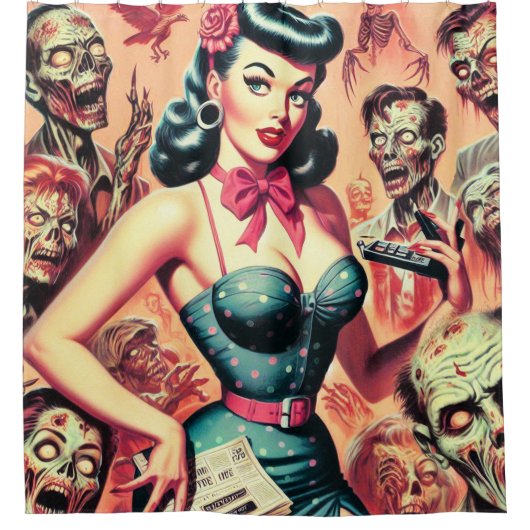 Retro Zombies Pin-up Douchegordijn (Voorkant)