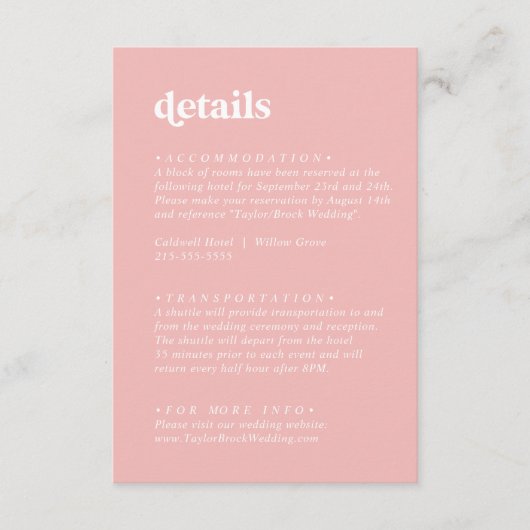 Retro Zomer | Blush Roze Bruiloft Details Informatiekaartje (Voorkant)