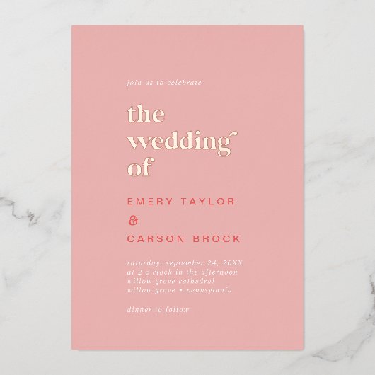 Retro Zomer Folie Roze en Sinaasappel De bruiloft Folie Uitnodiging (Voorkant)