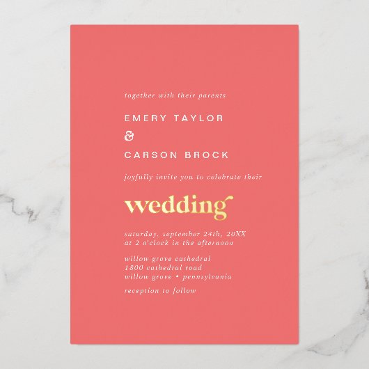 Retro Zomer Gouden Folie Heet Roze Bruiloft Folie Uitnodiging (Voorkant)