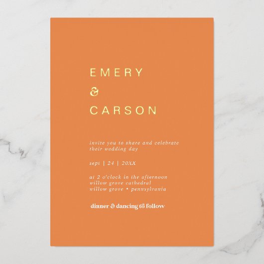 Retro Zomer Gouden Folie Sinaasappel Casual Bruilo Folie Uitnodiging (Voorkant)