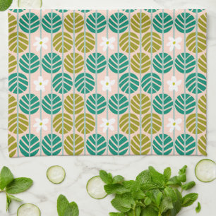 Retro Zomer groen & roze bloemengestreept Theedoek