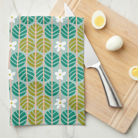 Retro Zomer groen & roze bloemengestreept Theedoek (Quarter Fold)