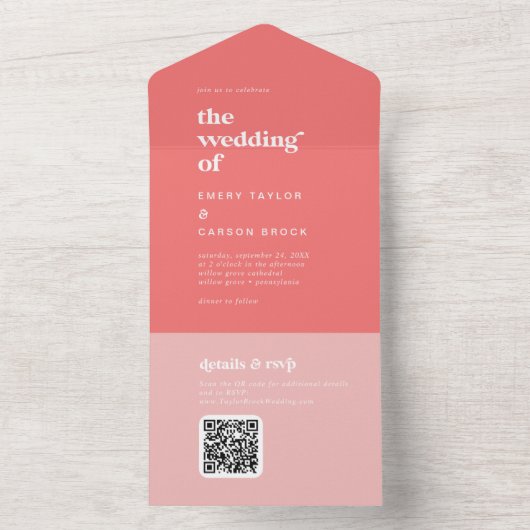 Retro Zomer | Heet Roze Bruiloft All In One Uitnodiging (Binnen)