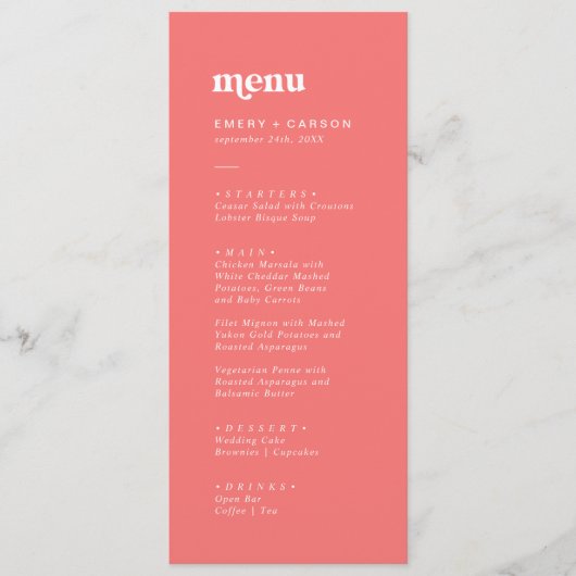 Retro Zomer | Hot Pink Wedding Dinner Menu (Voorkant)