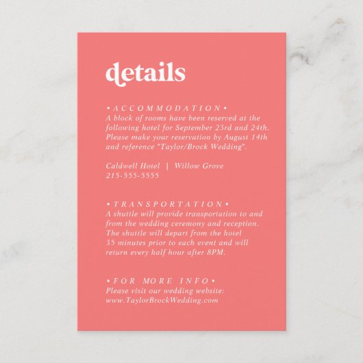 Retro Zomer | Hot roze bruiloft details Informatiekaartje (Voorkant)