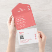 Retro Zomer Koraal Roze Monogram QR Code Huwelijk All In One Uitnodiging (Afscheurbaar)
