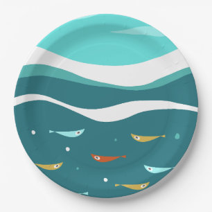 Retro Zomer Oceaan Golven Mid Century Modern Papieren Bordje