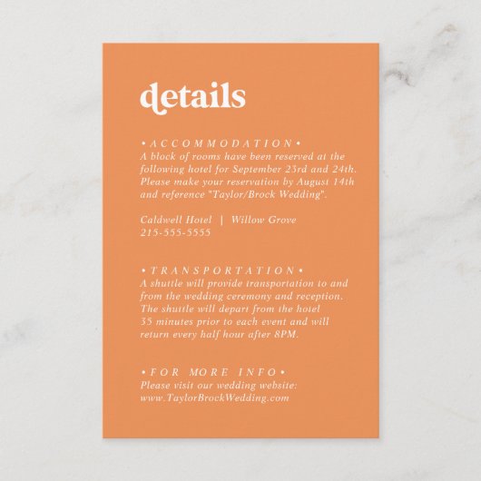 Retro Zomer | Oranje trouwgegevens Informatiekaartje (Voorkant)