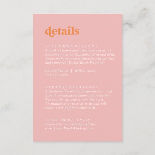 Retro Zomer | Roze en Oranje bruiloft Details Informatiekaartje (Voorkant)