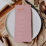 Retro Zomer | Roze en Oranje bruiloft Diner Menu<br><div class="desc">Deze retro zomerroze en oranje kaart voor het huwelijksdiner is ideaal voor een kleurrijke bruiloft. Het  design heeft een blush roze,  felle oranje en levendige hot pink kleurenpalet met leuke tropische strandvibes. Dit menu kan worden gebruikt voor een huwelijksreceptie,  repetitiediner of een evenement.</div>