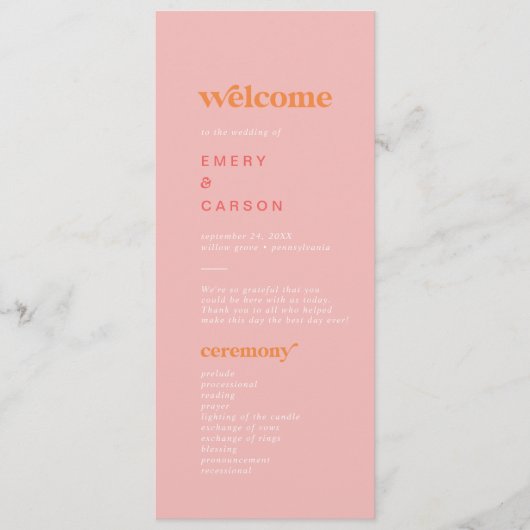 Retro Zomer | Roze en Oranje huwelijksprogramma Programmakaart (Voorkant)