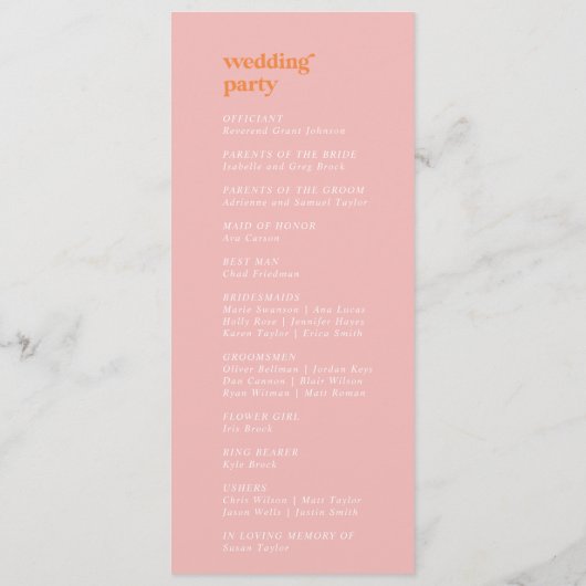 Retro Zomer | Roze en Oranje huwelijksprogramma Programmakaart (Achterkant)