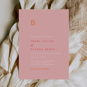 Retro Zomer   Roze en Oranje Monogram Bruiloft Kaart