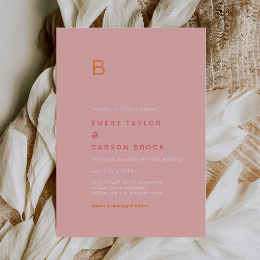 Retro Zomer | Roze en Oranje Monogram Bruiloft Kaart