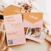 Retro Zomer Roze en Sinaasappel Foto Bruiloft All In One Uitnodiging