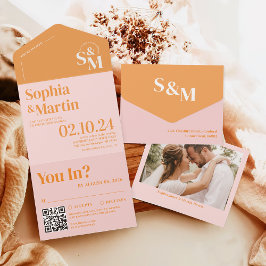 Retro Zomer Roze en Sinaasappel Foto Bruiloft All In One Uitnodiging