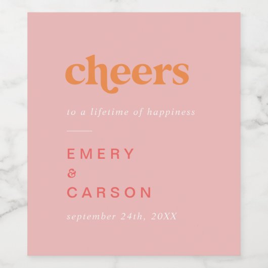 Retro Zomer | Roze Sinaasappel Cheers Bruiloft Wijn Etiket (Enkel label)