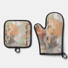 Retro zomer rustiek stoffig sinaasappel, taupe, aa ovenwant & pannenlap set