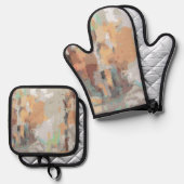 Retro zomer rustiek stoffig sinaasappel, taupe, aa ovenwant & pannenlap set (Voorkant / Achterkant)