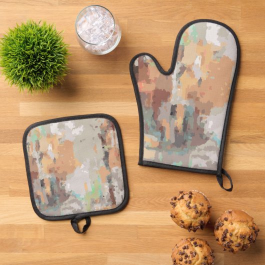 Retro zomer rustiek stoffig sinaasappel, taupe, aa ovenwant & pannenlap set (Top down)