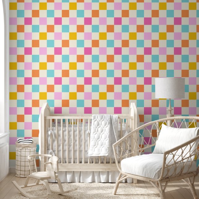 Retro zomer schaakbordpatroon multikleur behang (Kinderen)